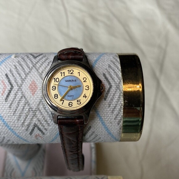 Watch-It Silver Gold Tone Blue Gold Dial Brown Leather Analog Watch Womens Ladie - Picture 5 of 5